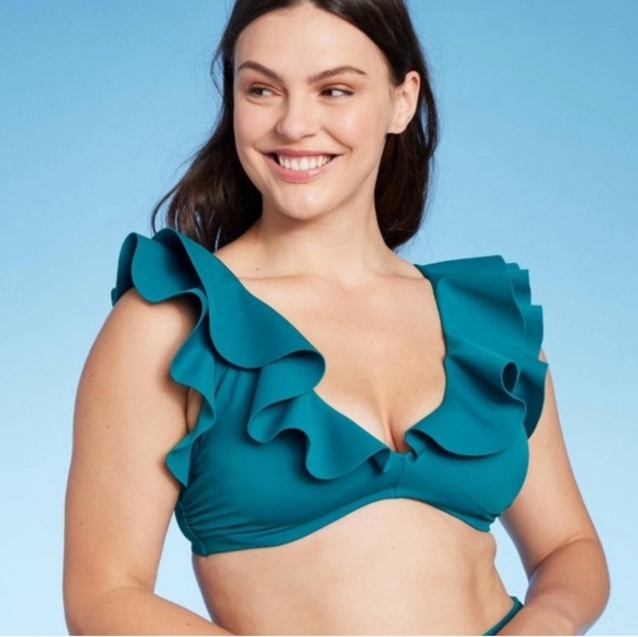 Shade & Shore Blue Flutter Sleeve Crop Swim Top - Picture 1 of 6